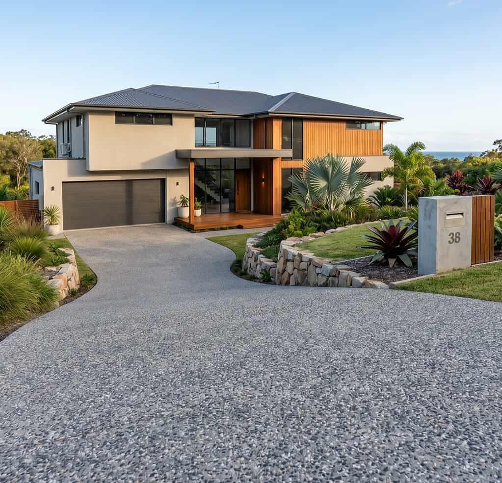Contemporary house with landscaped garden and driveway in a residential area.
