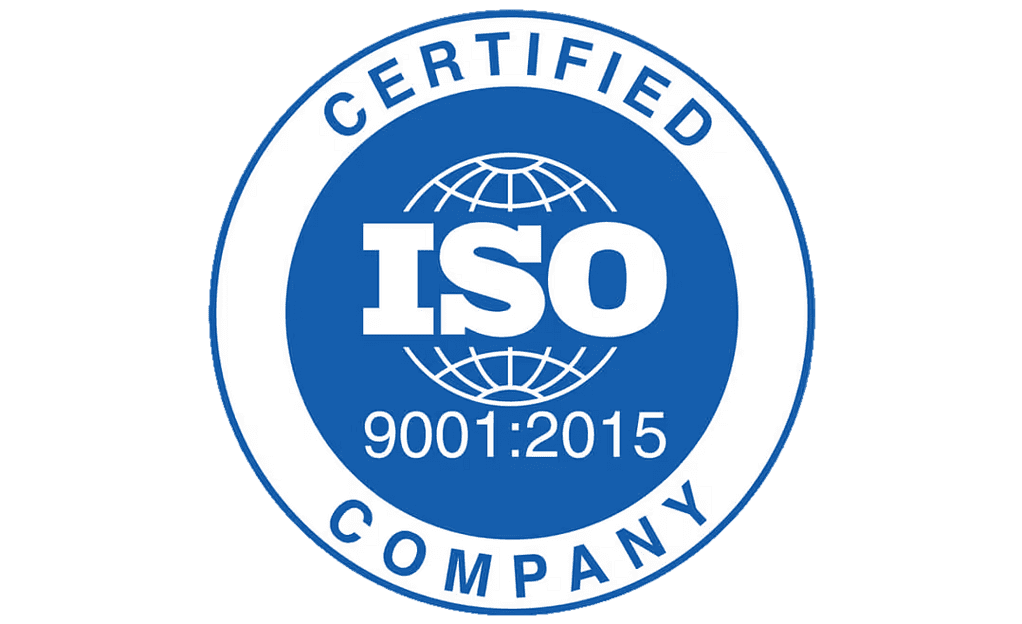 ISO 9001:2015 certified company badge for quality management.