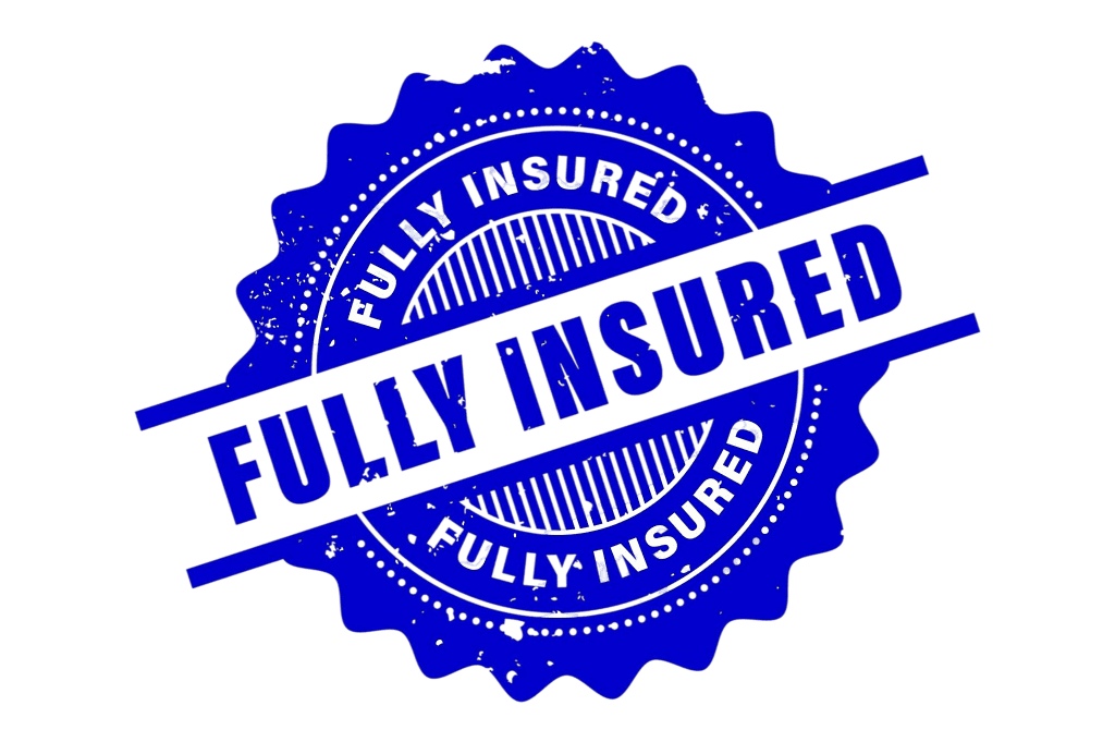 Blue fully insured badge with FJU Insurance text for service assurance.