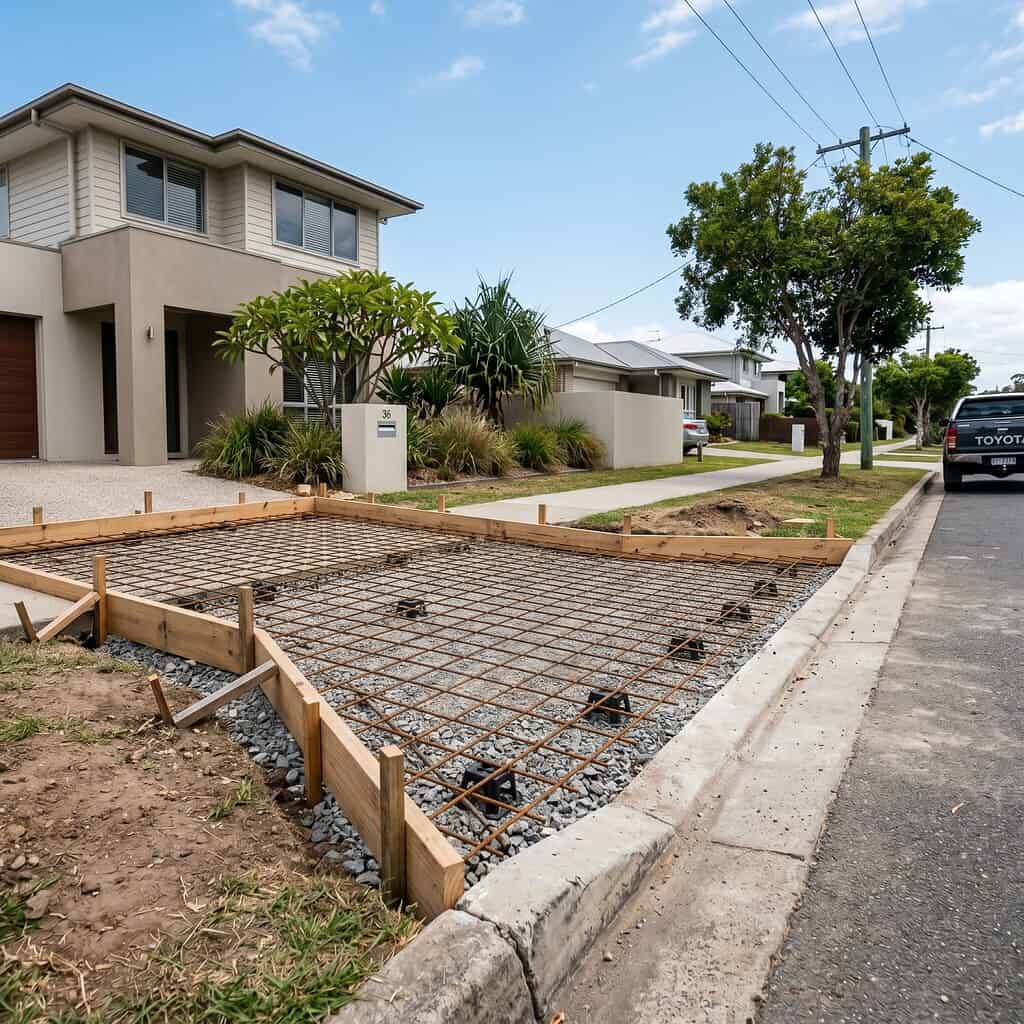 Residential construction site with rebar framework for concrete slab.