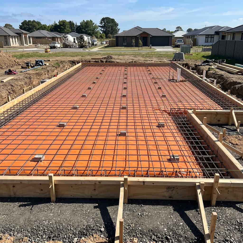 Construction site with reinforced concrete foundation for a residential building.