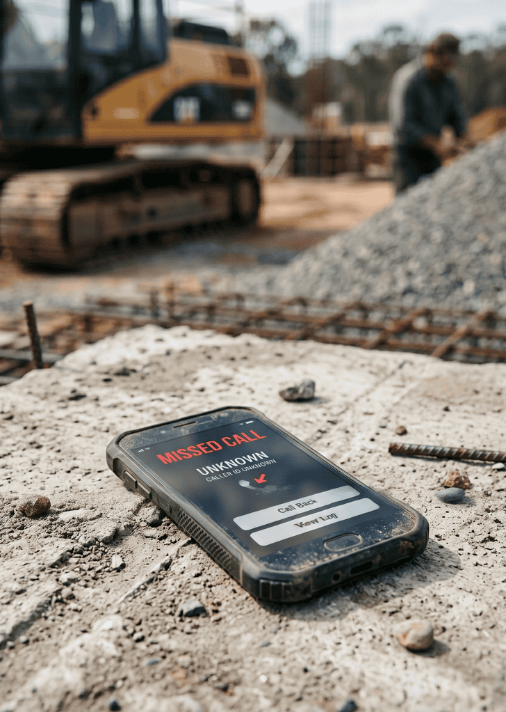 Emergency call phone on construction site with heavy machinery in background.