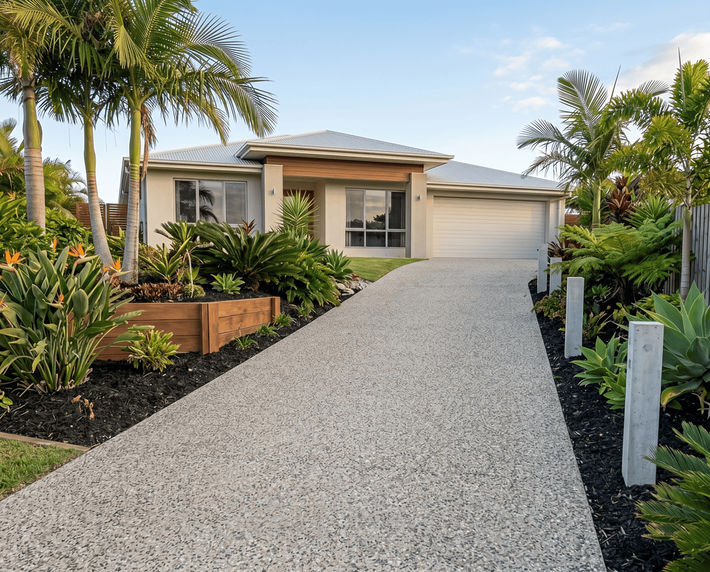 Contemporary house with tropical plants and a gravel driveway in a sunny setting.