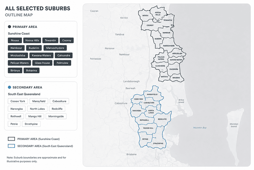 Map showing primary and secondary suburbs serviced by Quinn Group in Queensland.