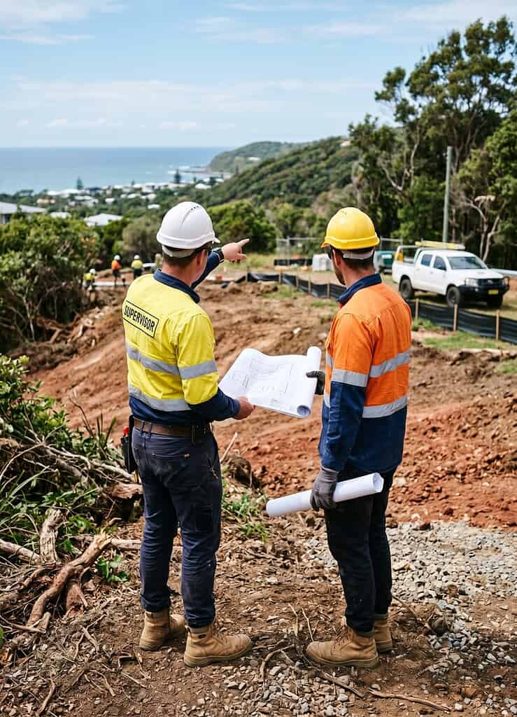 Engineers inspecting a construction site with plans and safety gear.