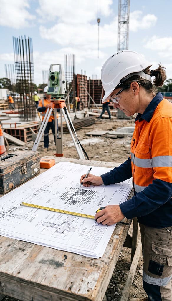Construction worker reviewing blueprints at a busy building site.