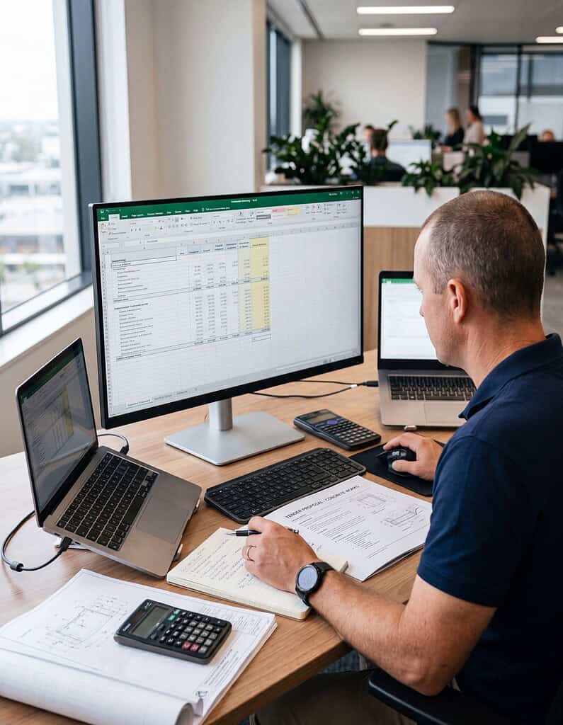 Man working with spreadsheets and data analysis on computer screens in office.