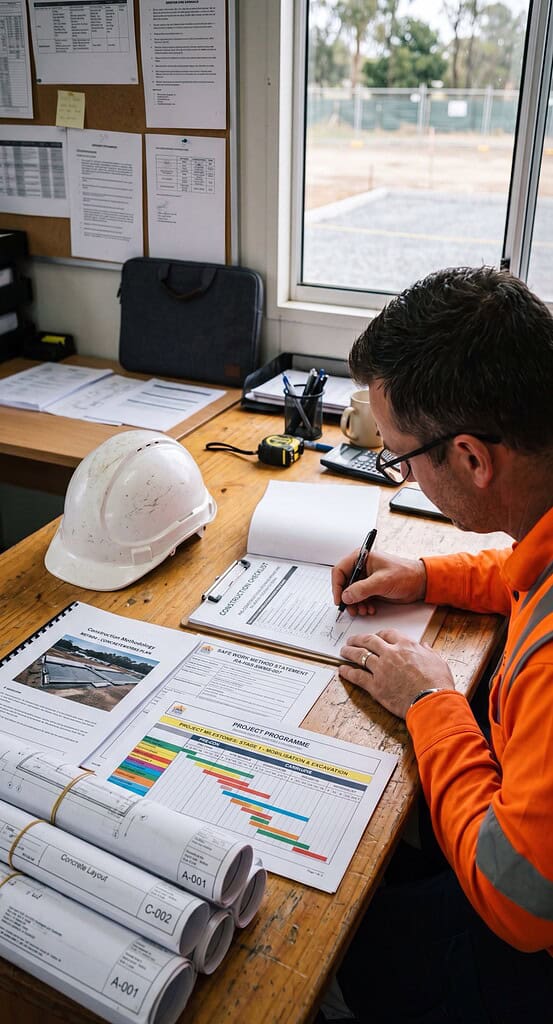 Engineer reviewing blueprints and project plans at desk.