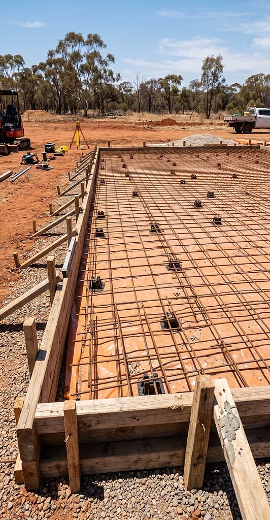 Reinforced concrete foundation with steel rebar and wooden formwork at construction site.