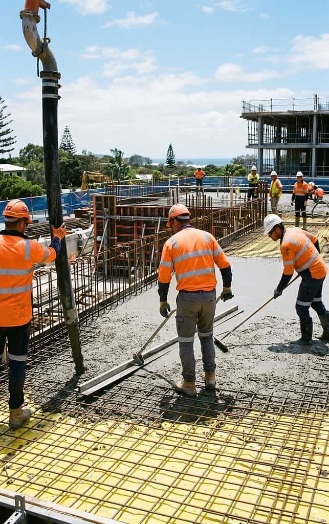 Construction workers pouring concrete on a building site with rebar and scaffolding.