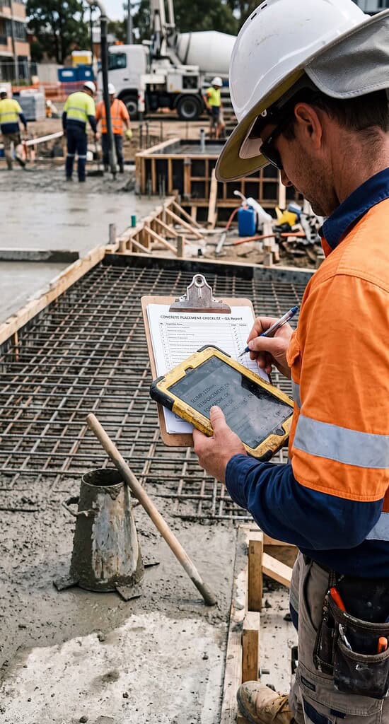 Construction worker inspecting concrete foundation with clipboard and tablet.