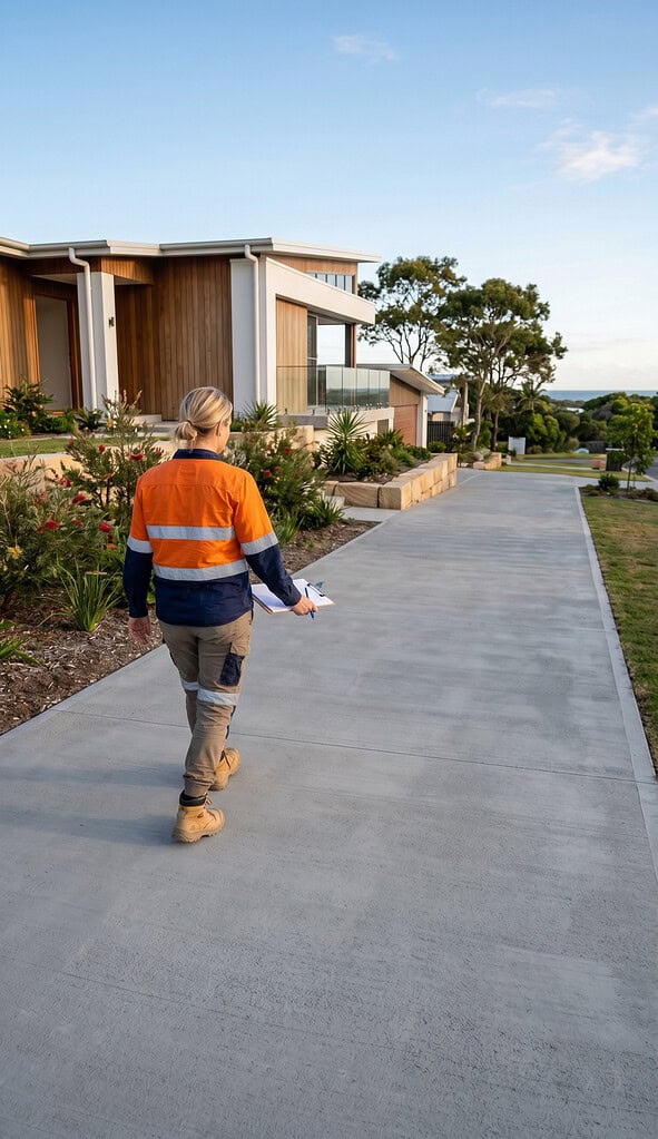 Person walking on concrete pathway towards contemporary house with wooden accents.