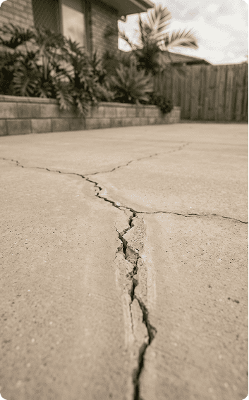 Close-up of cracked concrete pavement in a backyard setting.