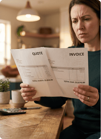 Woman examining invoice and quote documents at home for financial review.