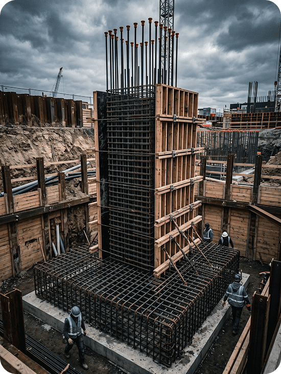 Reinforced concrete foundation under construction with steel rebar and formwork.